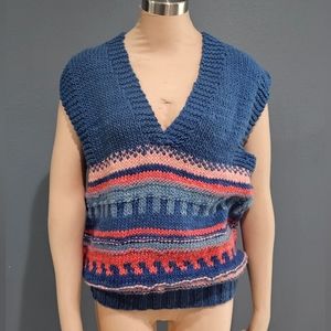 Vtg MADEIRA Women Hand Knit Pure Virgin Wool Blue Pink Uruguay Sweater Vest L